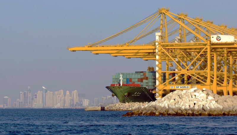 The container ship Xin Yan Tian, owned by China Shipping Container Lines Co. Ltd., sits at Jebel Ali Port, with the skyline of the city of Dubai, United Arab Emirates in the background, on Wednesday, Dec. 26, 2007. Jebel Ali Port, owned by DP World Ltd., the fourth-biggest port operator, is the largest in the Middle East. China Shipping Container Lines Co. Ltd., the second-largest in Asia, owns and operates container vessels for the international and domestic container marine transportation services. Photographer: Charles Crowell/Bloomberg News