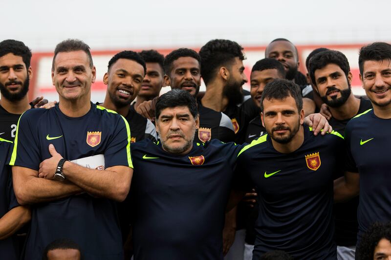 Fujairah, United Arab Emirates, July 15, 2017:    Football legend Diego Maradona is introduced as the new head coach of Fujairah football club of UAE's division one at the Fujairah stadium in Fujairah on July 15, 2017. Christopher Pike / The National

Reporter: John McAuley
Section: Sport
Keywords: 