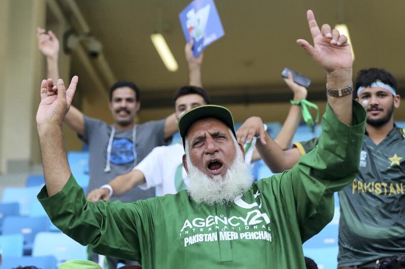 Dubai, United Arab Emirates - September 16, 2018: Pakistan fans during the game between Pakistan and Hong Kong in the Asia cup. Sunday, September 16th, 2018 at Sports City, Dubai. Chris Whiteoak / The National