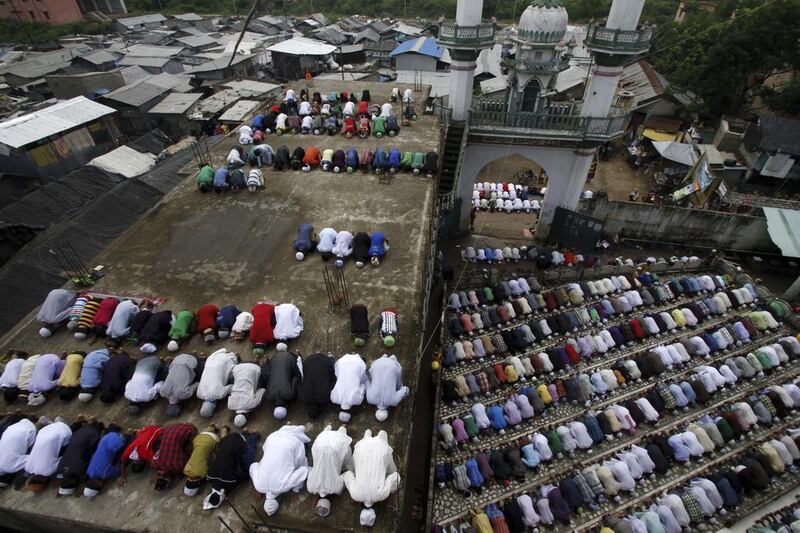 Indian Muslims offer prayers on Eid al-Fitr at a mosque in Bhubaneswar, India.  Biswaranjan Rout / AP Photo