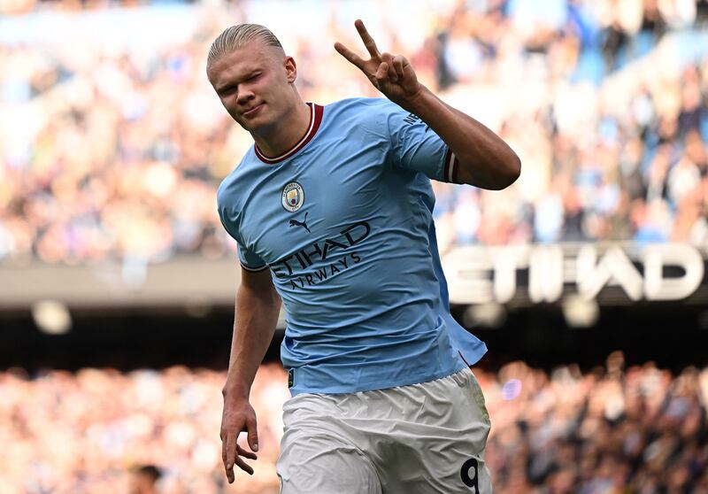 Manchester City striker Erling Haaland celebrates his second goal against Brighton & Hove Albion at the Etihad Stadium on Saturday, October 22, 2022. AFP