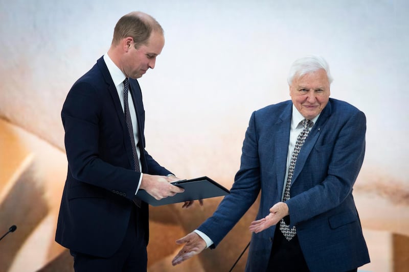 The Duke of Cambridge and David Attenborough on stage in Davos. AFP