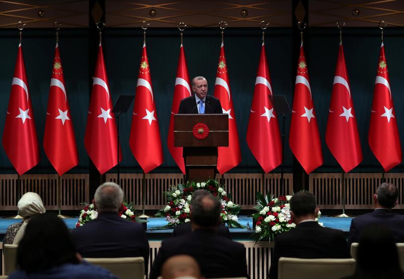 Turkish President Tayyip Erdogan makes a speech following a cabinet meeting in Ankara, Turkey. Reuters