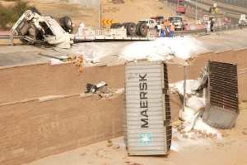 March 1, 2010-Provided photo of truck accident in Dubai
at the  dubai bypass road. the pakistani driver of the truck died at the scene
Courtesy Dubai Police