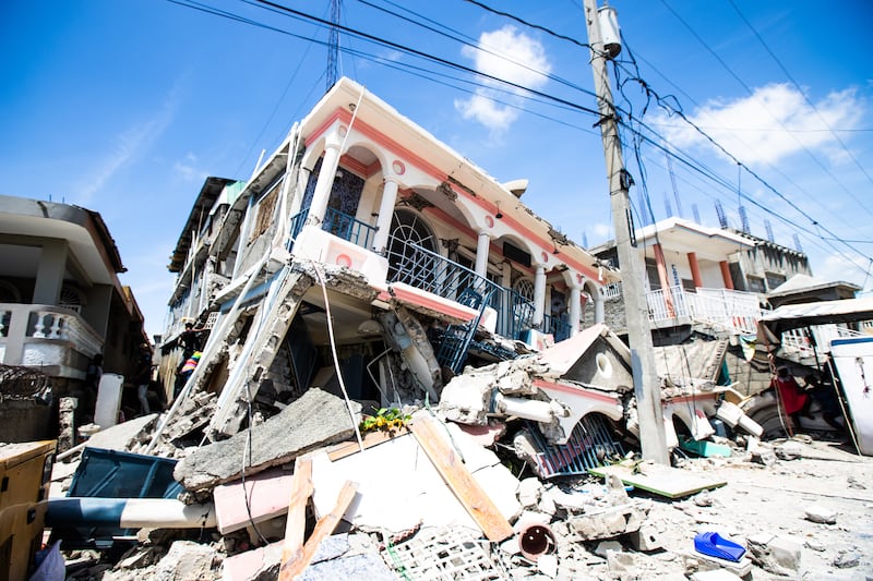 Damaged buildings in Los Cayos, Haiti, after a 7.2 magnitude quake struck in August 2021, killing more than 2,200
