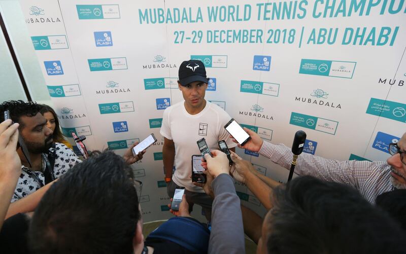 epa07250057 Spanish tennis player Rafael Nadal talks to the media during the Mubadala World Tennis Championship 2018 in Abu Dhabi, United Arab Emirates, 27 December 2018.  EPA/ALI HAIDER