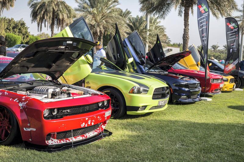 ABU DHABI, UNITED ARAB EMIRATES, 28 OCTOBER 2018 - Different models of modified cars at the Street Meet modified cars event, Abu Dhabi City Golf Club.  Leslie Pableo for The National for Adam Workman's story