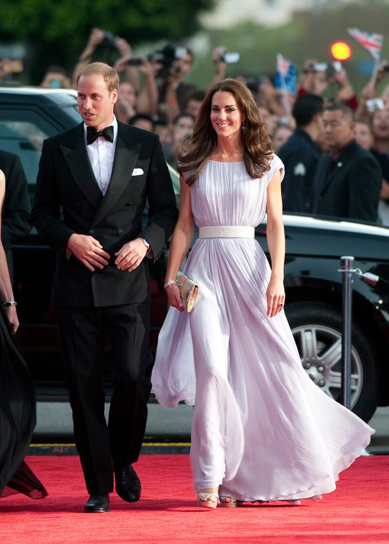 Prince William, Duke of Cambridge, and Catherine, Duchess of Cambridge, who wears lavender Alexander McQueen, arrive at the 2011 Bafta Brits To Watch Event at the Belasco Theatre in July 9, 2011 in Los Angeles, California. Getty Images