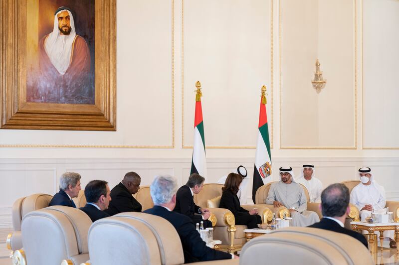 Ms Harris, US Secretary of State Antony Blinken, US Secretary of Defence Lloyd Austin and Special Presidential Envoy for Climate John Kerry offer condolences to the President, Sheikh Mohamed, and Sheikh Hazza bin Zayed, Deputy Chairman of the Abu Dhabi Executive Council.