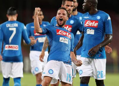 NAPLES, ITALY - AUGUST 10:  Dries Mertens of SSC Napoli celebrates after scoring goal 1-0 during the pre-season friendly match between SSC Napoli and Espanyol at Stadio San Paolo on August 10, 2017 in Naples, Italy.  (Photo by Francesco Pecoraro/Getty Images)