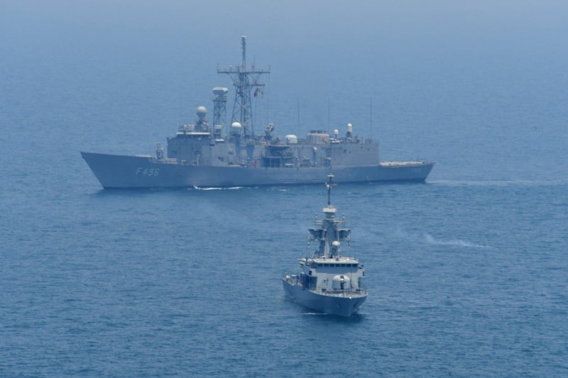 epa06131914 A handout photo made available by Turkish Armed Forces Press Office shows a Turkish F496 Gokova frigate (back) at military practice with Qatar military forces off the coast of Qatar, 06 August 2017 (issued 08 August 2017). Reports state the military exercise comes after Turkey announced in June the deployment of hundreds of troops in a base near Doha. Saudi Arabia, United Arab Emirates, Bahrain and Egypt broke off relations with Qatar on 05 June and applied a series of economic reprisals, closing their land and sea borders and their airspace.  EPA/TURKISH ARMED FORCES HANDOUT  HANDOUT EDITORIAL USE ONLY/NO SALES