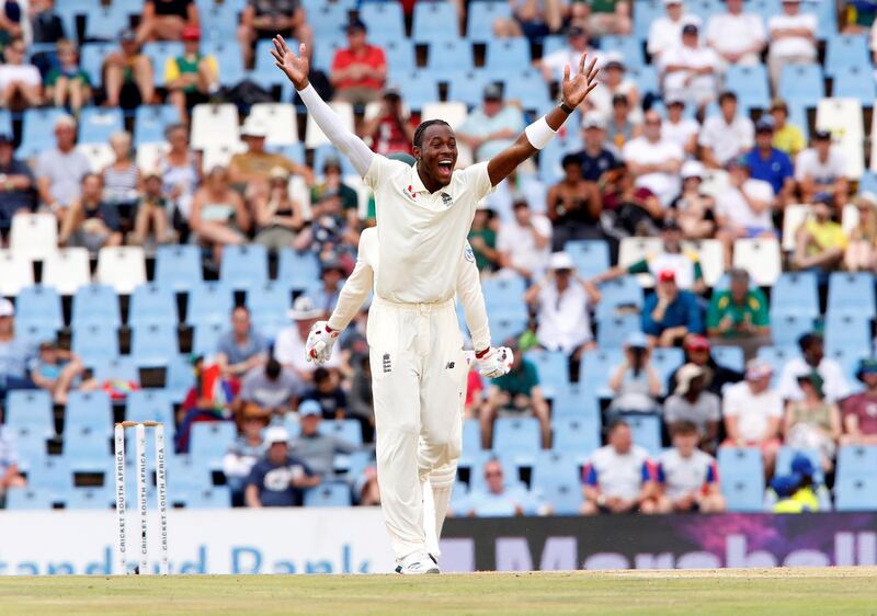 Jofra Archer appeals successfully for the wicket of South Africa's Rassie van der Dussen in the first Test in Centurion in December, 2019. Reuters