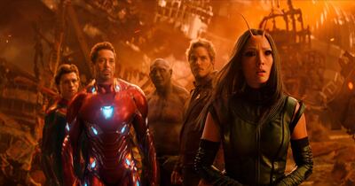 This image released by Marvel Studios shows, from left, Tom Holland, Robert Downey Jr., Dave Bautista, Chris Pratt and Pom Klementieff in a scene from "Avengers: Infinity War." (Marvel Studios via AP)