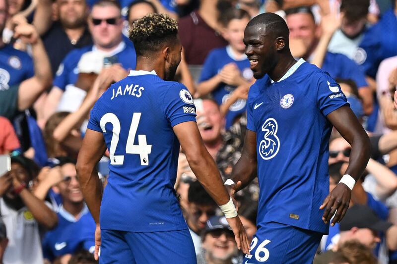 Chelsea defender Kalidou Koulibaly celebrates with Reece James after scoring the opening goal. AFP
