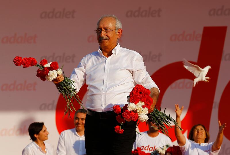 Turkish opposition leader Kemal Kilicdaroglu of the Republican People's Party (CHP) greets supporters during a rally to mark the end of his 25-day protest march from Ankara to Istanbul on July 9, 2017. Umit Bektas / Reuters