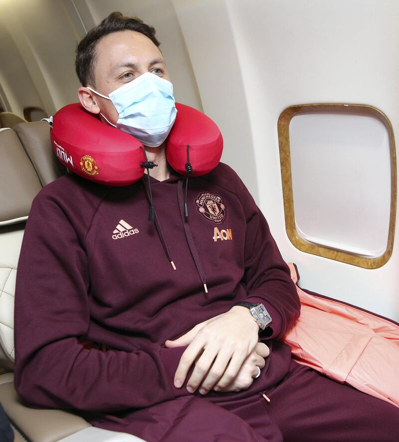 MANCHESTER, ENGLAND - FEBRUARY 17: (EXCLUSIVE COVERAGE)  Nemanja Matic of Manchester United poses on the plane ahead of their flight to Turin at Manchester Airport on February 17, 2021 in Manchester, England. (Photo by Matthew Peters/Manchester United via Getty Images)