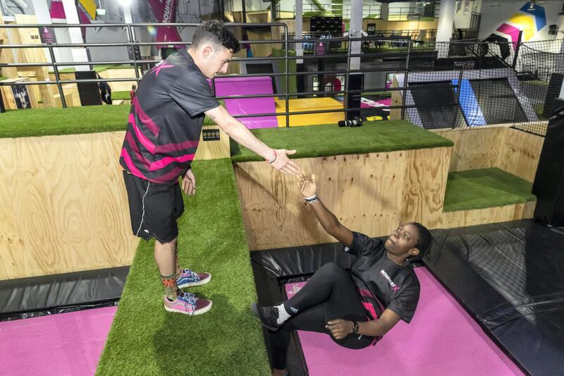 DUBAI, UNITED ARAB EMIRATES. 09 MARCH 2020. The new Bounce X opening in Festival City. Members of the Bounce X staff showing off their skills. (Photo: Antonie Robertson/The National) Journalist: Evelyn Lau. Section: National. 
