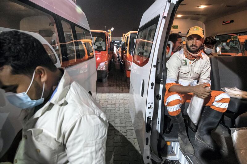 SHARJAH, UNITED ARAB EMIRATES. 26 MARCH 2020. Sharjah Municipal staff ready themselves and prepare to head to out at the main Enviroment Services Department of the Sharjah Municipality. Large scale disinfecting of the streets of Sharjah took place after the mandatory 8pm curfew. (Photo: Antonie Robertson/The National) Journalist: None. Section: National.
