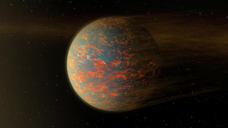 55 Cancri e is a lava planet. Its surface is uninhabitable as it is covered in molten lava. The sky in this world sparkles when the surface lava reflects on the dark side of the planet. Only one side of the planet faces the star, the other is completely dark.