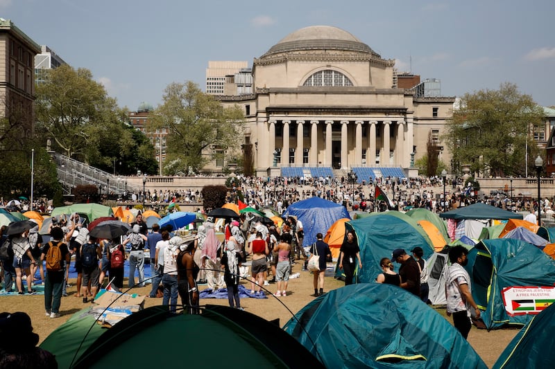 Student protesters gather at their camp at Columbia University in New York in April. AP