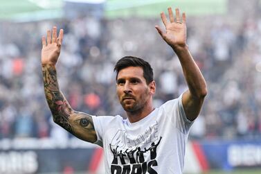 Lionel MESSI of Paris Saint Germain (PSG) is presented to the fans ahead of the French Ligue 1 Uber Eats soccer match between Paris Saint Germain and Strasbourg at Parc des Princes on August 14, 2021 in Paris, France. (Photo by Baptiste Fernandez / Icon Sport via Getty Images)