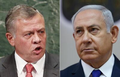 epa07109504 (FILE) - A combo image shows King Abdullah II of Jordan (L) addressing the General Debate of the General Assembly of the United Nations at United Nations Headquarters in New York, New York, USA, 25 September 2018 and Israeli Prime Minister Benjamin Netanyahu (R) attending the weekly cabinet meeting at his office in Jerusalem, 07 October 2018 (reissued 21 October 2018). According to reports, King Abdullah II on 21 October said his county will terminate the annexes of Baquoura and Ghumar of the Jordanian peace treaty with Israel. The annexes of the agreement signed in 1994 were giving Israeli farmers the ownership of lands in Baquoura, in the north-western corner of the Kingdom, and Ghumar, south of the Dead Sea. The validity of the annexes was for 25 years and coming to an end on 25 October.  EPA/JUSTIN LANE / ABIR SULTAN