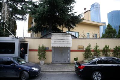 A security guard stands outside Saudi Arabia's consulate in Istanbul, Saturday, Oct. 20, 2018. Saudi Arabia claims Saudi journalist Jamal Khashoggi died in a "fistfight" in consulate, finally admitting that the writer had been slain at its diplomatic post. The overnight announcements in Saudi state media came more than two weeks after Khashoggi, 59, entered the building for paperwork required to marry his Turkish fiancÃ©e, and never came out.(AP Photo/Lefteris Pitarakis)