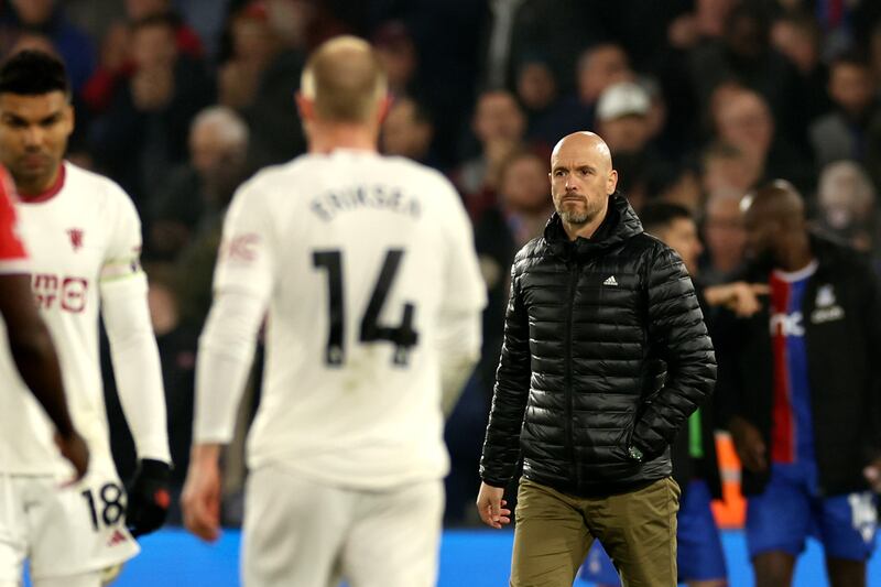 Manchester United manager Erik ten Hag walks on the pitch at the end of the defeat to Crystal Palace. AP