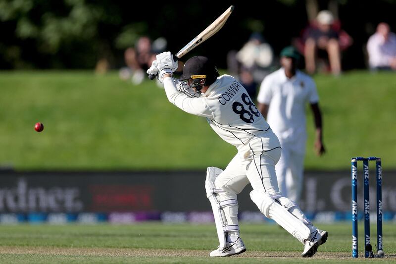 New Zealand's batsman Devon Conway bats in the third session at the Hagley Oval. AFP