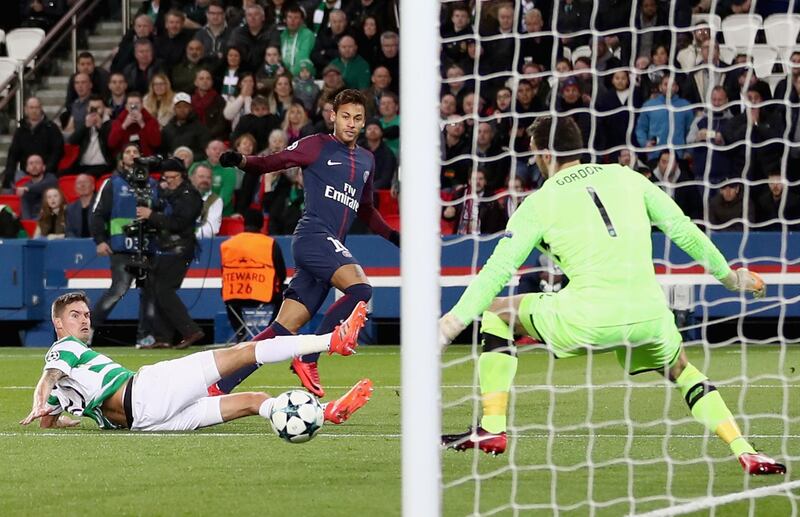 PARIS, FRANCE - NOVEMBER 22:  Neymar of PSG scores his team's first goal during the UEFA Champions League group B match between Paris Saint-Germain and Celtic FC at Parc des Princes on November 22, 2017 in Paris, France.  (Photo by Catherine Ivill/Getty Images)