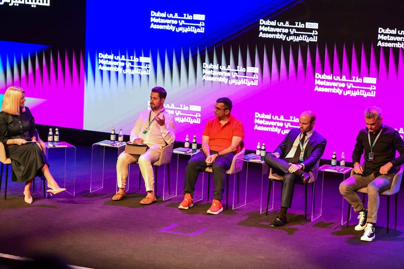 From left, Jane Witherspoon of Euronews moderates a panel discussion on 'Which sectors is the Metaverse already impacting' with Yusuf Bahadir, of GoArt, Vishal Gondal, founder and CEO of GOQii, David Clark-Joseph, of Pixelynx and Bradford Bird, of The Fabricant.