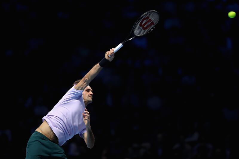 LONDON, ENGLAND - NOVEMBER 14:  Roger Federer of Switzerland serves during the singles match against Alexander Zverev of Germany on day three of the Nitto ATP World Tour Finals at O2 Arena on November 14, 2017 in London, England.  (Photo by Julian Finney/Getty Images)