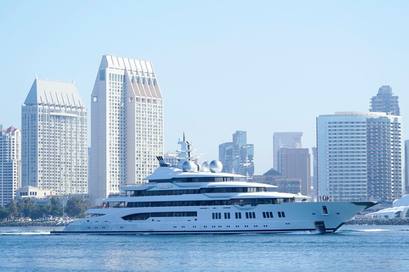 The super yacht Amadea passes San Diego as it comes into the San Diego Bay Monday, June 27, 2022, seen from Coronado, Calif.  The $325 million superyacht seized by the United States from a sanctioned Russian oligarch arrived in San Diego Bay on Monday.  (AP Photo / Gregory Bull)