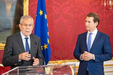 Austrian Chancellor Sebastian Kurz (R) and Austrian President Alexander Van der Bellen (L) deliver a statement after a meeting at the Presidential office in Vienna, Austria, 19 May 2019. EPA