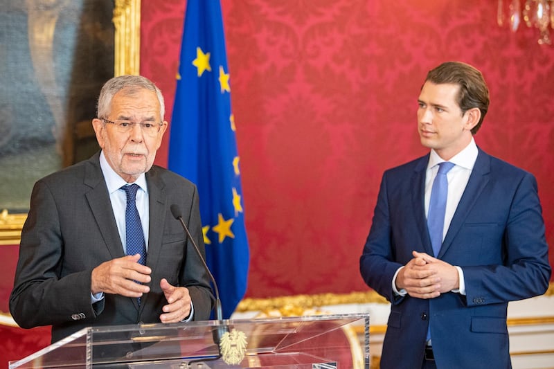 epa07583901 Austrian Chancellor Sebastian Kurz (R) and Austrian President Alexander Van der Bellen (L) deliver a statement after a meeting at the Presidential office in Vienna, Austria, 19 May 2019. Austrian Chancellor Sebastian Kurz informed Van der Bellen about the formal governmental resignation. Austrian Vice Chancellor Strache on 18 May 2019 said he will step down from his post as media caught the far-right FPOe's leader Strache in a corruption allegations scandal. German magazine 'Der Spiegel' and newspaper 'Sueddeutsche Zeitung' published on 17 May 2019 a secretly recorded video which appeared to show Strache in Ibiza, Spain, in July 2017, meeting an alleged niece of a unknown Russian oligarch who wanted to invest large sums of money in Austria. In return for election campaign donations, Strache is alleged to have promised public contracts in the event of his party joining the government.  EPA/CHRISTIAN BRUNA