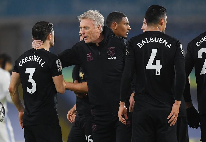 West Ham manager David Moyes with his players at the end of the victory at Leeds. AP