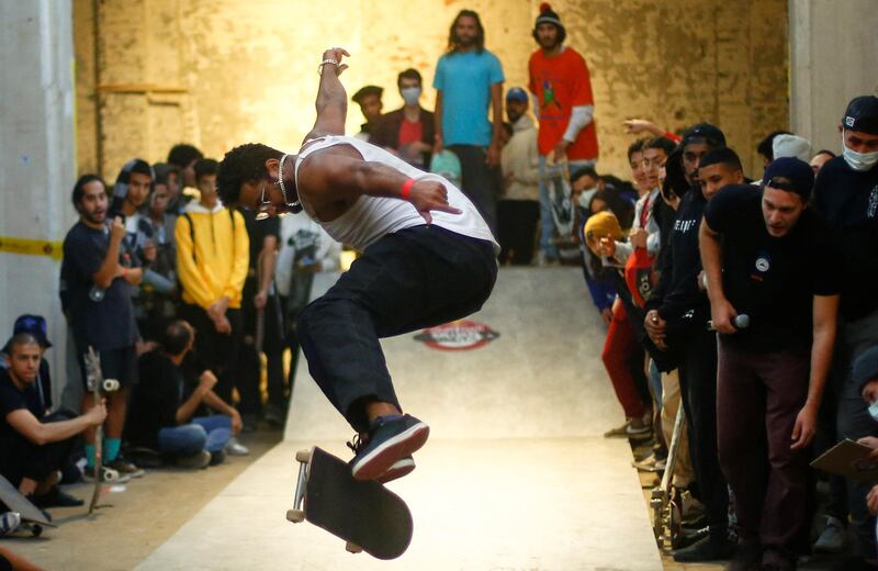 A skateboarder competes at the Red Bull Mind The Gap skateboarding event at Townhouse Gallery, near Tahrir Square, in the Egyptian capital Cairo. Reuters