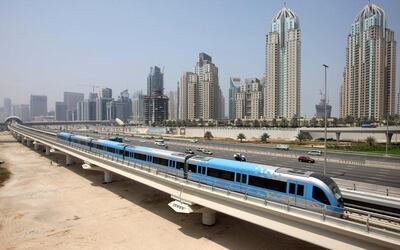 DUBAI.2nd September 2009. The Dubai Metro passes past Dubai Marina yesterday (weds) a week before its opening on 9th September.  Stephen Lock  /  The National . *** Local Caption ***  SL-metro-001.jpg