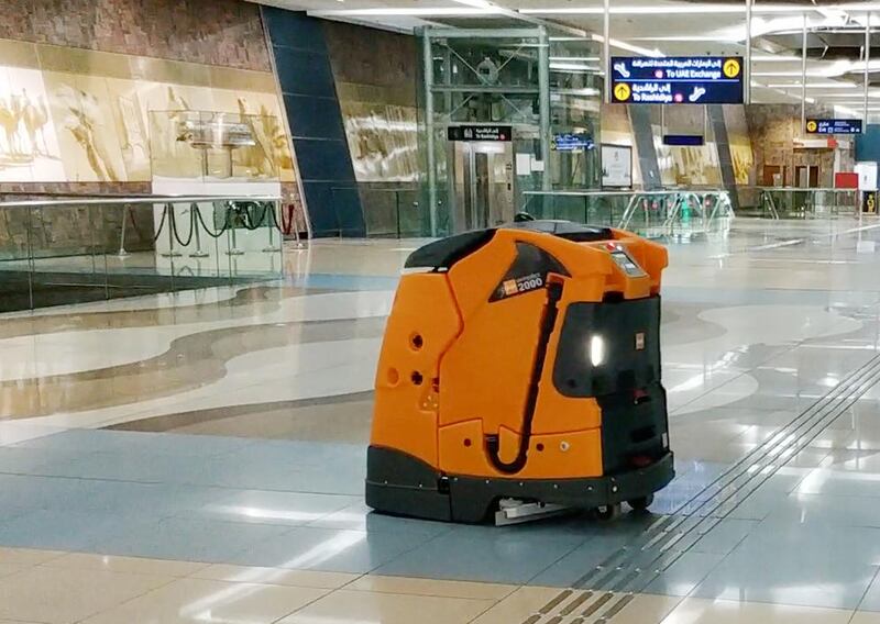 A cleaning robot in action at one of Dubai's metro station.