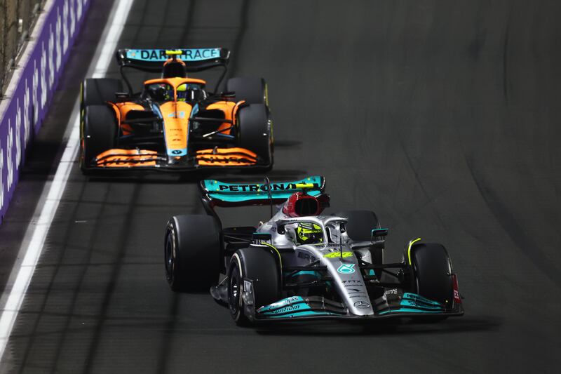 Mercedes driver Lewis Hamilton leads McLaren's Lando Norris during the F1 Grand Prix of Saudi Arabia at the Jeddah Corniche Circuit on March 27, 2022 in Jeddah, Saudi Arabia. Getty
