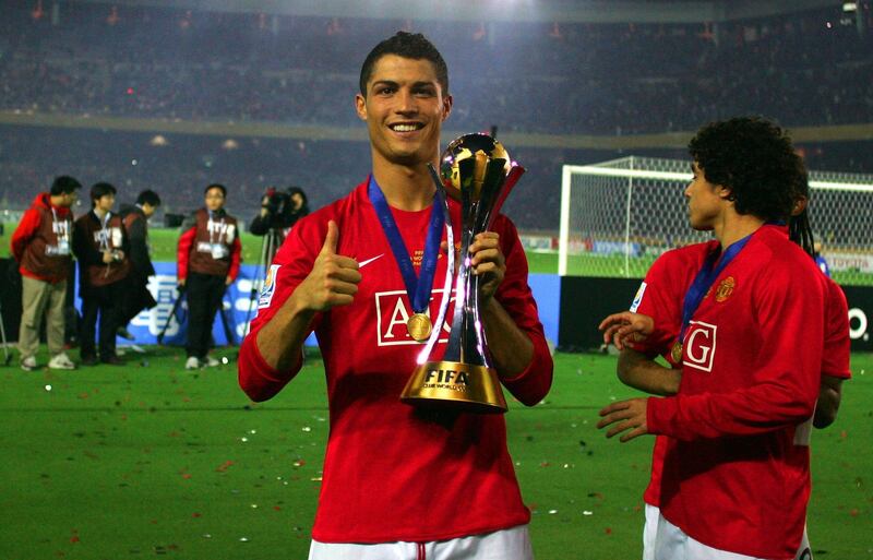 YOKOHAMA, JAPAN - DECEMBER 21: Cristiano Ronaldo of Manchester United celebrates at the final whistle during the FIFA Club World Cup Japan 2008 Final match between Manchester United and Liga De Quito at the International Stadium Yokohama on December 21, 2008 in Yokohama, Kanagawa, Japan. (Photo by Koji Watanabe/Getty Images)