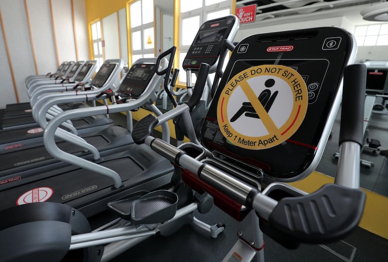 Sharjah, United Arab Emirates - Reporter: N/A. News. A piece of gym equipment goes unused with a sign saying do not sit here due to Covid-19/Coronavisus. Wednesday, June 24th, 2020. Sharjah. Chris Whiteoak / The National
