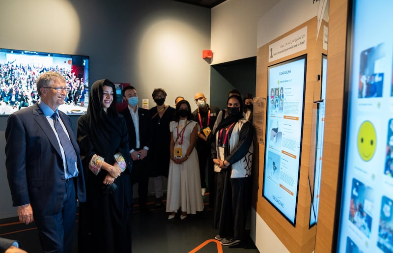 Microsoft co-founder Bill Gates, left, with Reem Al Hashimy, Minister of State for International Co-operation and Director General of Expo 2020 Dubai, visit Terra – The Sustainability Pavilion. Photo: Expo 2020 Dubai