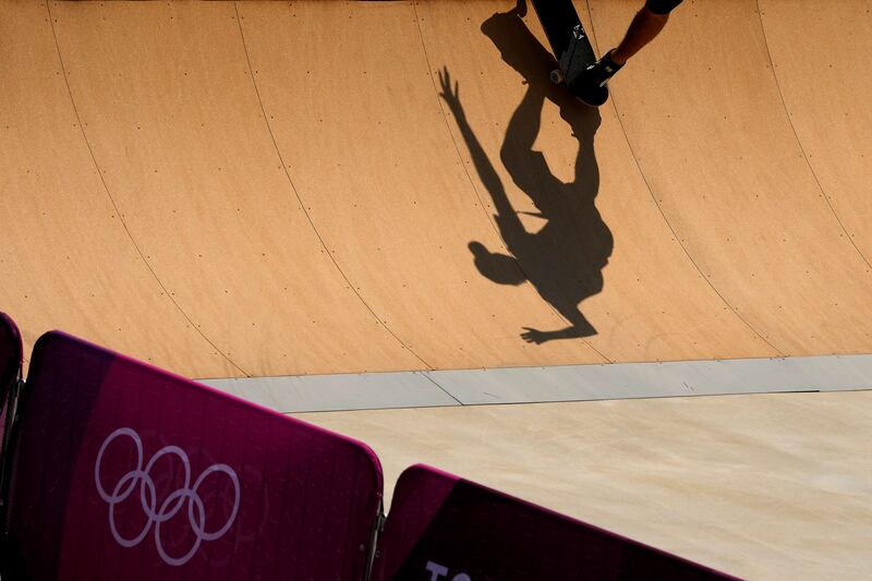 An athlete from Portugal practices for the skateboarding competition at the 2020 Summer Olympics, at the Ariake Urban Sports Park in Tokyo.