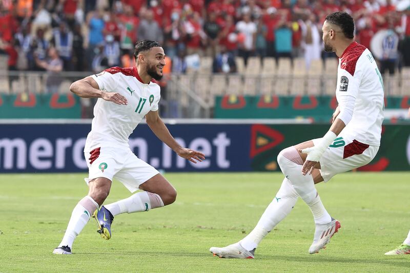 Morocco's Sofiane Boufal, left, celebrates after scoring. AFP