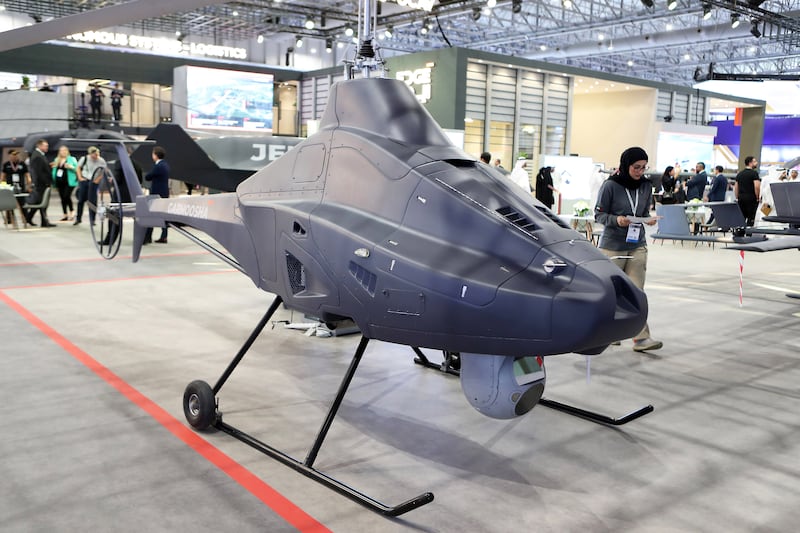 A drone on display at the stand of UAE military technology company EDGE, at Dubai Airshow. Pawan Singh / The National