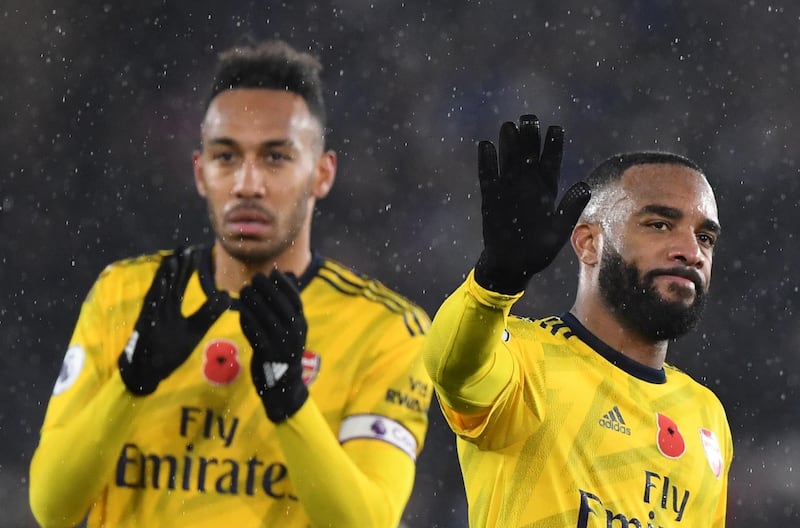 Peirre Emerick Aubameyang and Alexandre Lacazette after the game between Leicester City and Arsenal. EPA