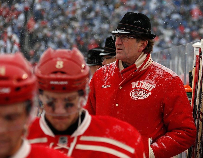 Coach Mike Babcock of the Detroit Red Wings watches the action during the second period of the NHL Winter Classic at Michigan Stadium on Wednesday in Ann Arbor, Michigan. Gregory Shamus/Getty Images