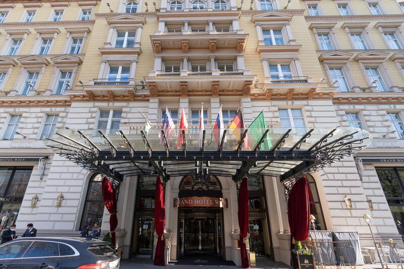 Exterior view of the 'Grand Hotel Wien' in Vienna, Austria, Friday, April 9, 2021 where closed-door nuclear talks with Iran take place. Diplomats meeting in Vienna assess progress of three days of talks aimed at bringing the United States back into the nuclear deal with Iran. (AP Photo/Florian Schroetter)