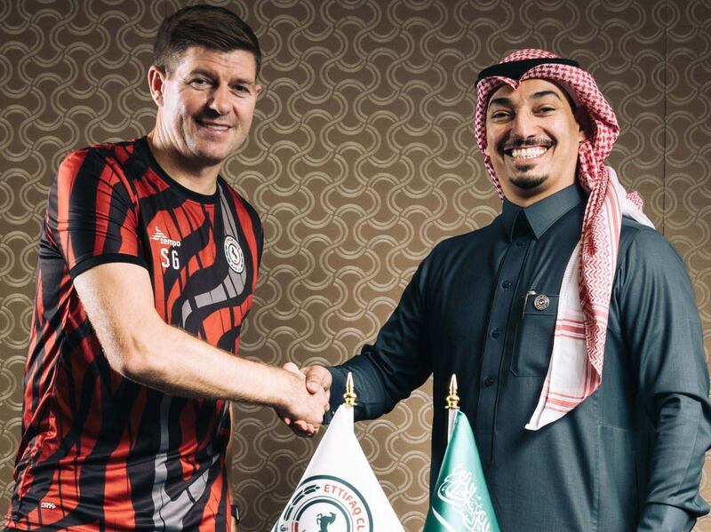 Steven Gerrard extends contract with Al-Ettifaq with Club President Samer Al Mishel. Photo: Al-Ettifaq FC